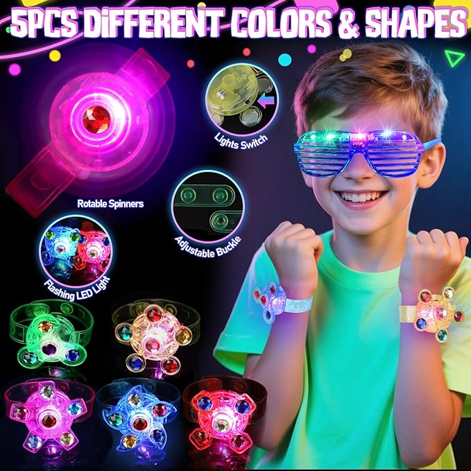 73PCS Glow in the Dark Party Supplies for Kids Adults, Light Up Party Favors with Glow Glasses, Spinner Bracelets, Slingshot, Bulk Glow Party Favors for Kids Halloween, Neon Party Supplies Accessories
