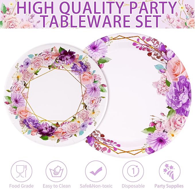 Grencian 96Pcs Spring Floral Party Supplies Pink Purple Flowers Paper Plates and Napkins Disposable Spring Floral Tableware Set for Wedding Bridal Shower Baby Shower Mother’s Day Tea Party, Serves 24