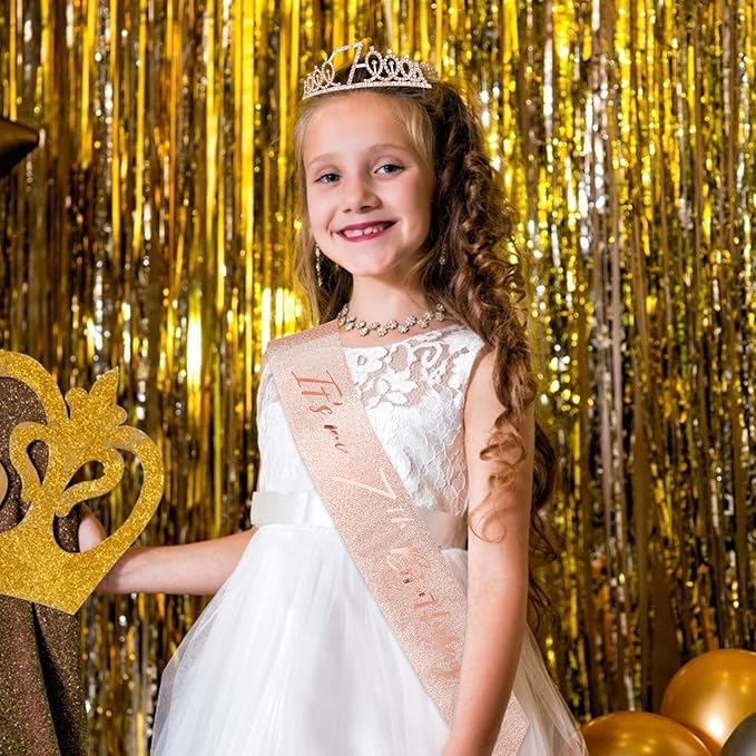 CIEHER 7th Birthday Crown + Sash + Pearl Pin Set, Girls' 7th Birthday Gifts and Happy Party Decorations
