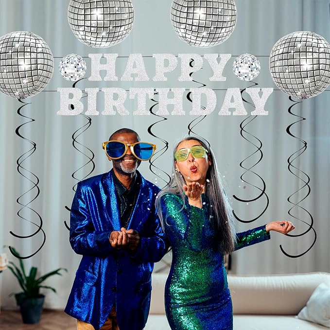 FBQ Silver Disco Happy Birthday Banner 4D Sphere Disco Balloon Hanging Swirls Black 70s 80s 90s Disco Themed Hippie Party Birthday Party Decorations Shower