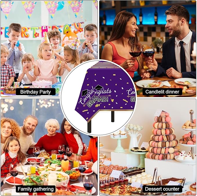 Childom 3 Pack Graduation Tablecloth,Graduation Decorations Class of 2026 Graduation Party Decorations,54"x108" Purple and Gold Plastic Table Cloth Disposable Rectangle for Home,School,Party Supplies