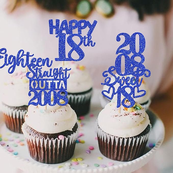 30 PCS 18th Birthday Cupcake Toppers Glitter Eighteen Happy 18 Straight Outta 2008 Cupcake Picks for Cheers to 18 Fabulous 18th Birthday Anniversary Party Cake Decorations Supplier Blue