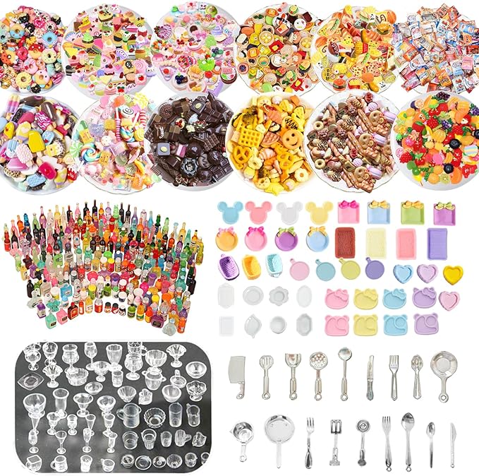 250Pcs Mini Food Miniatures Food Drinks Bottles Toys Doll House Accessories 1:12 Playset Kitchen Game Pretend Play Party Mini Things Stuff Tiny Baking Micro Hamburger Ice Cream Cake Bread