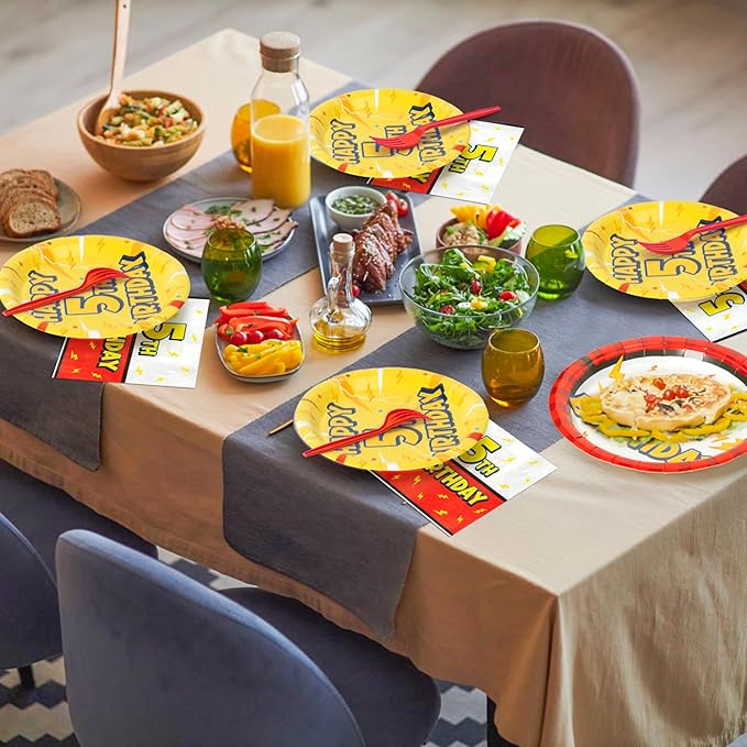 5th Birthday Party Supplies - 96pcs Paper Plates Napkins Plastic Forks Kids Girls Boys Little Birthday Party Table Decorations Lighting Themed Disposable Cake Tableware Set for 24 Guests