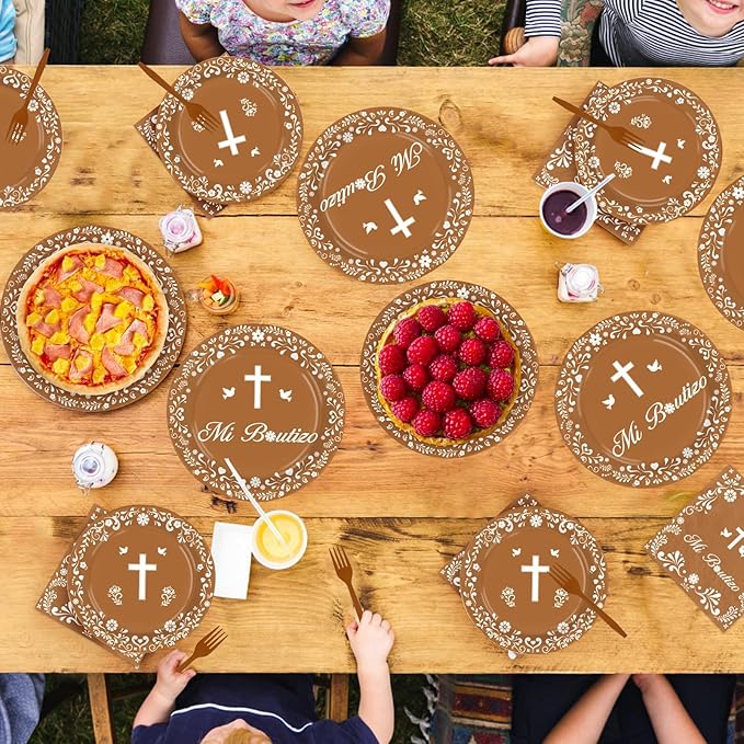 96 Pcs Mexican Baptism Decorations Disposable Brown Mexican Paper Plates and Napkins Lindo Tableware Set for Boy Christening First Holy Communion Baptism Baby Shower Party Supplies