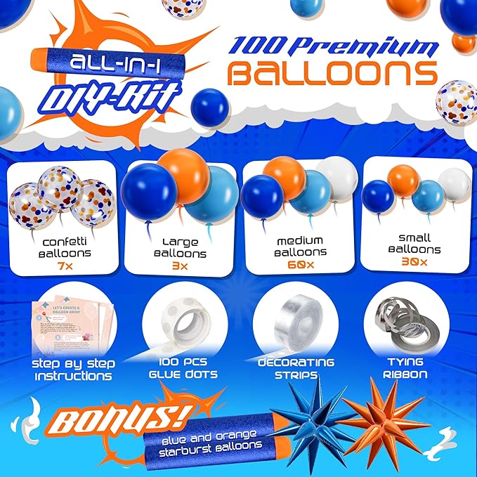 ALL-IN-1 Blue and Orange White Balloons Arch Kit & Garland – Small and Large White Oranges & Blues Balloons – Orange and Blue Party Decorations & Supplies for Birthday Party, Nerf, Blippi, Graduation