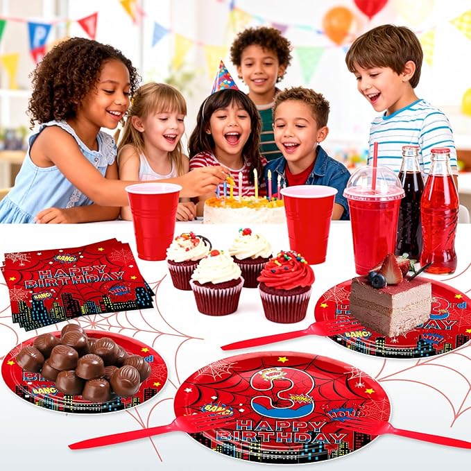 Red Spider 3rd Birthday Party Supplies, Spider Web Birthday Plates Set Include Paper Plates, Napkins, Forks for Spider Themed Party Favors
