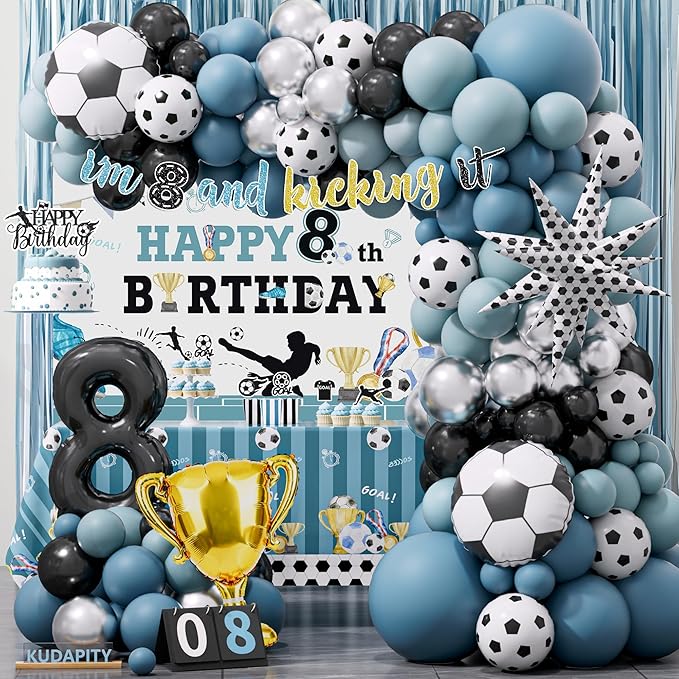 Soccer 8th Birthday Party Decorations Kit for Boys Soccer Birthday Party Supplies Set Soccer Football Party Decor with Backdrop Tablecloth Cake and Cupcake Toppers for 8-Year-Old Kids Boys Party Decor