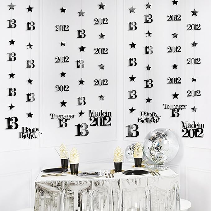 12PCS Black 13th Birthday Decorations Number 13 and 2012 Star Garland Streamer Banner Backdrop for Girls Boys Cheers to 13 Years Birthday Vintage Made in 2012 Official Teenager Party Decor Supplies
