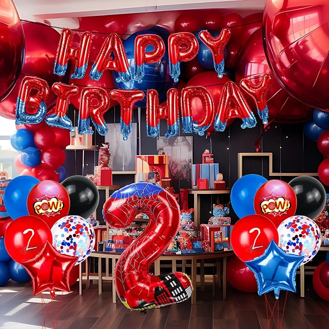 Cartoon Hero 40 Inch Red and Blue Spider Theme Number Foil Birthday Decoration Balloon, Spider Theme Happy Birthday Banner Party Decoration Balloon, Letter Logo Superhero Party Supplies (2)