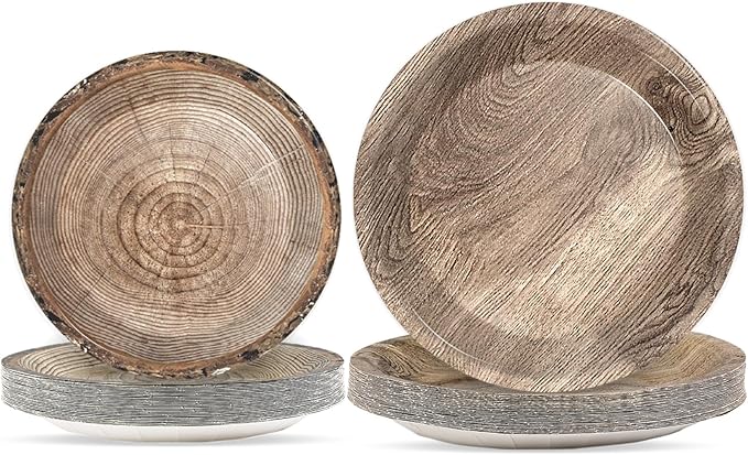 gisgfim 48 Pcs Rustic Wooden Tree Party Plates Supplies Tableware Set Lumberjack Party Decorations Camping Hunting Theme Party Table Supplies Favors Decors for Guests