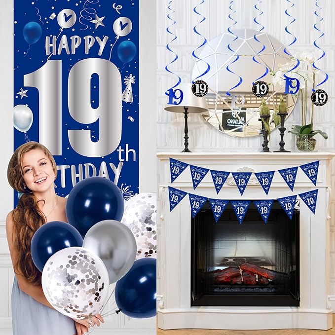 19th Birthday Decorations for Boys Men Girls, Blue Silver Happy 19th Birthday Decorations Boy with Bday Backdrop Banner Balloons Tablecloth Hanging Swirls Triangle Flag - 19 Year Old Party Supplies