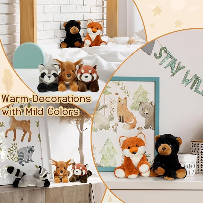 MaoGoLan 5 Pcs Soft Woodland Stuffed Animals Bulk Plush Toys for Girls Kids, 8'' Grizzly Bear Deer Fox Raccoon Red Panda Forest Animal Plushies Set Theme Party Favors Decorations Gifts Christmas