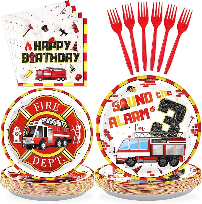96Pcs Fire Truck 3rd Birthday Decorations Firefighter 3rd Birthday Plates and Napkins Tableware Sets Sound the Alarm Party Decorations for Boys Firetruck Fireman 3 Years Old Party Supplies Serve 24