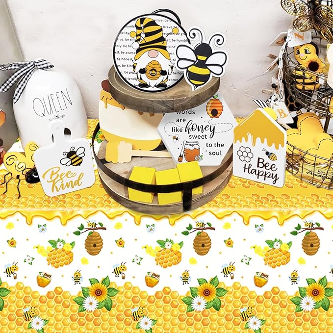 4 Pack Bee Tablecloth Happy Bee Day Tablecloths Rectangle Honey Bees Bumble Table Cover Bee Theme Party Tablecloth for Bee Baby Shower Bee Birthday Party Decorations 51 x 86 Inch