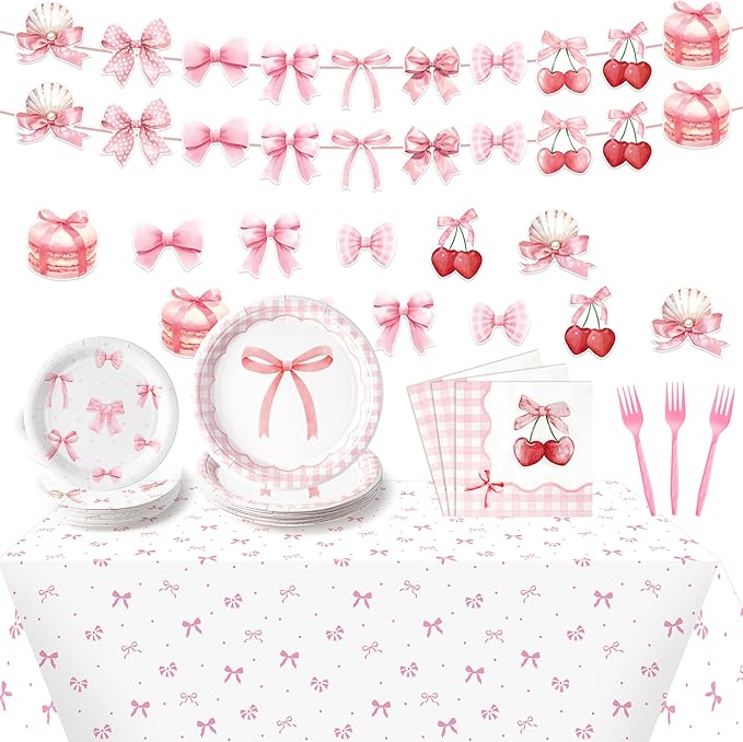 Coquette Pink Bow Party Decoration Set - Serves 24- 112Pcs Bowknot Bachelorette Bridal Themed Tableware Disposable Plate Napkin Tablecloth Banner Card for Birthday Party Supplies