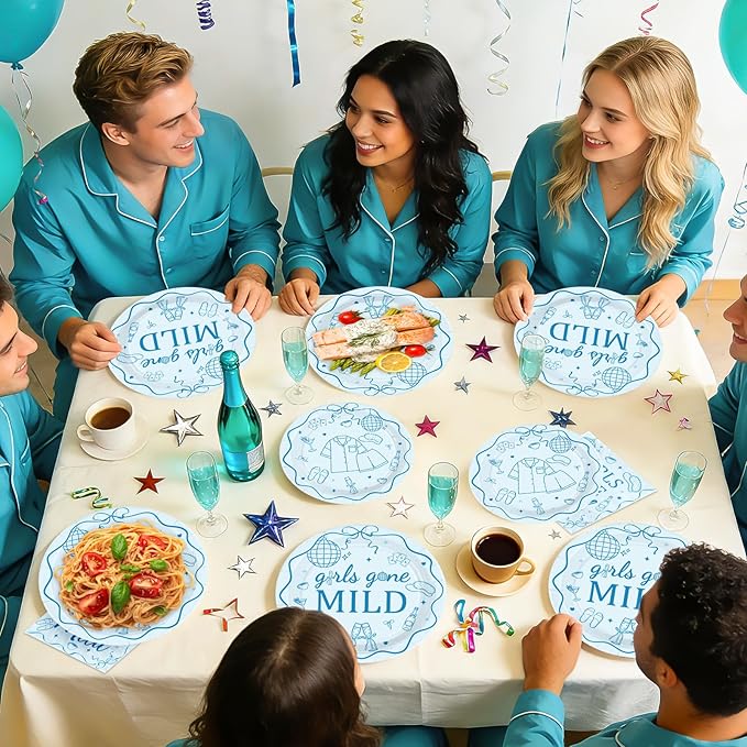 96Pcs Girls Gone Mild Party Decorations Blue Sleepover Plates and Napkins Tableware Sets Girls Night Decorations for women Sleepover Wedding Bachelorette Bridal Shower Party Supplies Serves 24