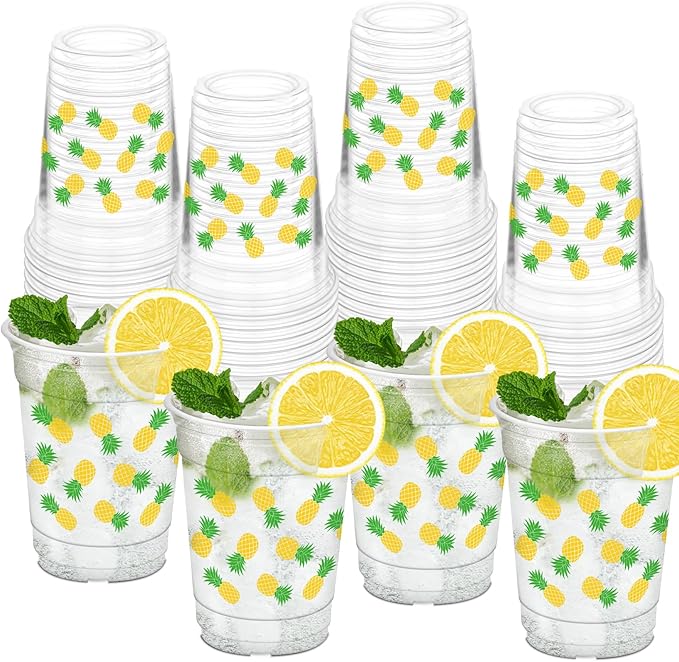 50Pcs Pineapple Cups, 12oz Pineapple Clear Plastic Cups for Yellow Fruit Themed Party Decorations Baby Shower Birthday Summer Tropical Party Supplies