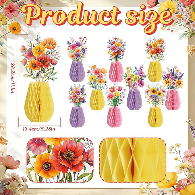 9 Pcs Wildflower Honeycomb Table Centerpieces Wildflower Birthday Party Decorations Spring Floral Table Centerpieces Paper Honeycomb Decor for Birthday Baby Shower Supplies Office