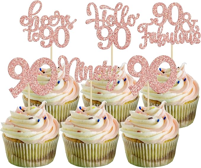 Gyufise 30pcs Happy 90th Birthday Cupcake Toppers - Rose Gold Glitter Ninety Cheers to 90 Years Old Cupcake Picks for Anniversary Party Cake Decorations