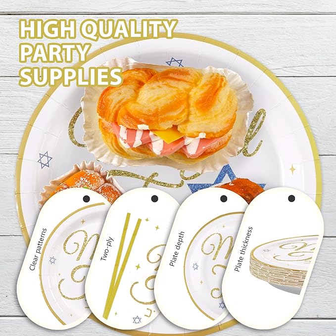 96Pcs Mazel Tov Party Decorations Congratulations Plates and Napkins Gold Blue Disposable Paper Tableware Set for Bar Mitzvah Bridal Shower Engagement Jewish Party Supplies Serves 24