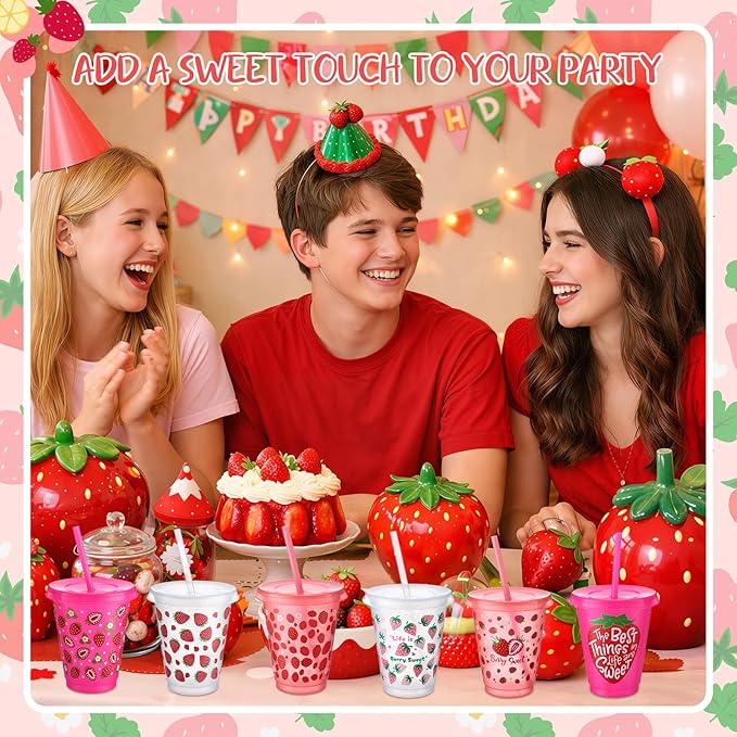 Sieral 30 Pcs Strawberry Cups with Straws and Lids 16 oz Cute Strawberry Cups Pink Clear Plastic Tumblers Reusable Iced Coffee Travel Mug for Sport Theme Party Supplies Decorations