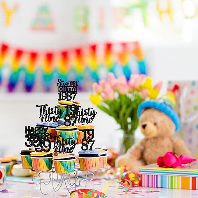 30PCS Black 39th Birthday Cupcake Toppers Glitter Thirty Nine Happy 39th Straight Outta 1987 Cupcake Picks for Cheers to 39 Years Birthday Wedding Anniversary Party Cake Decorations Supplies