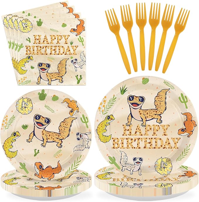 96Pcs Leopard Gecko Birthday Decorations Reptile Plates and Napkins Safari Animals Decorations Favors for Kids Boys Birthday Baby Shower Reptile Theme Party Supplies Serves 24