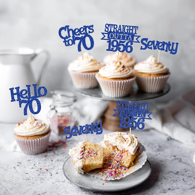 Ephlyn 24Pcs Happy 70th Birthday Cupcake Toppers Glitter Straight Outta 1956 Cupcake Picks Hello 70 Cheers to 70 Years Birthday Cake Decorations for 70th Birthday Anniversary Party Supplies Blue