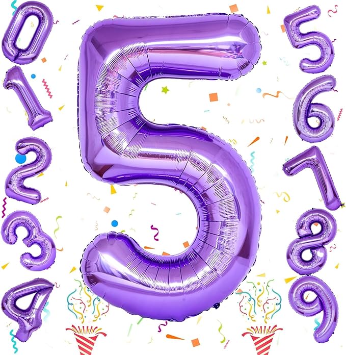 40 Inch Purple Number Balloons, Giant Self Inflating Foil Girls 5th Birthday Number Balloon Decor, for 15th Birthday Party Decoration Women Anniversary Graduation Party Decorations Supplies
