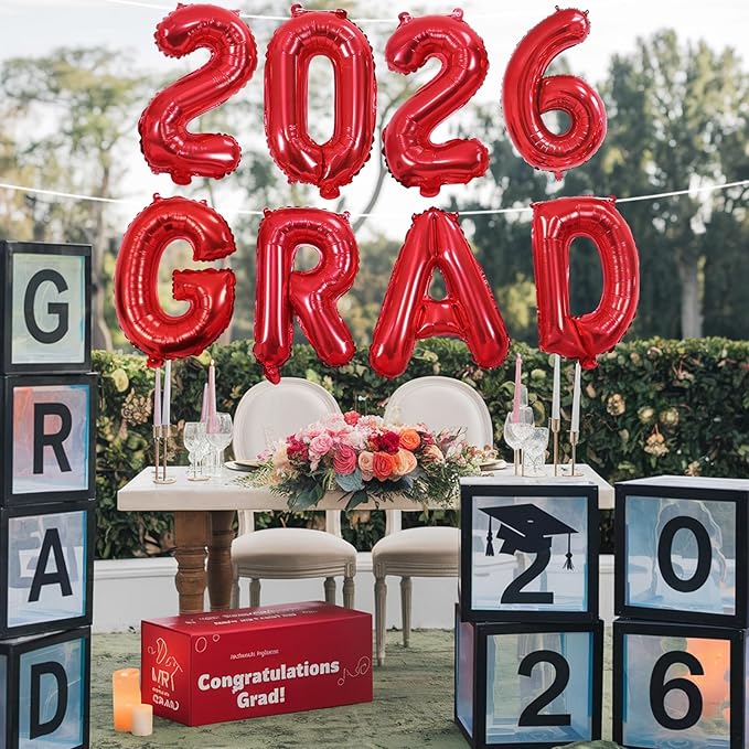 2026 Congratulations Grad Balloons, 16 Inch Red 2026 GRAD Foil Balloons Banner Sign Sign for for Graduation Decorations 2026, College High School Class of 2026 Graduate Congrats Party Decor Supplies
