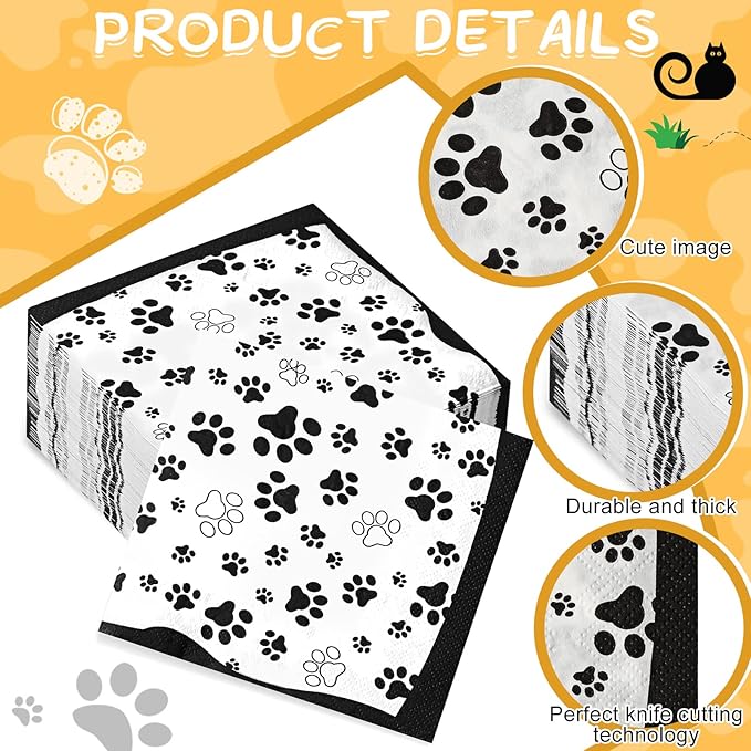 CHENGU 100 Pieces Paw Print Napkins 2 Layers Paw Print Party Supplies Farm Animal Party Napkins for Animal Themed Birthday Western Part, 5 x 5 Inch(Black)