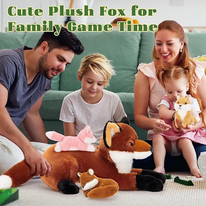 4Pcs Fox Stuffed Animal Set, Large Mommy Red Fox Plush 22 Inch with 3 Baby Foxes in Her Zippered Tummy, Christmas Plushie Toy Gift for Girls and Kids