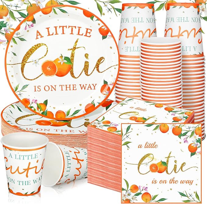 Hushee 200 Pcs Little Cutie Baby Shower Paper Plates Napkins Cups Orange Baby Shower Party Supplies Tableware Set Orange Disposable Cup Napkin for 50 Guest Girls Spring Party Decoration