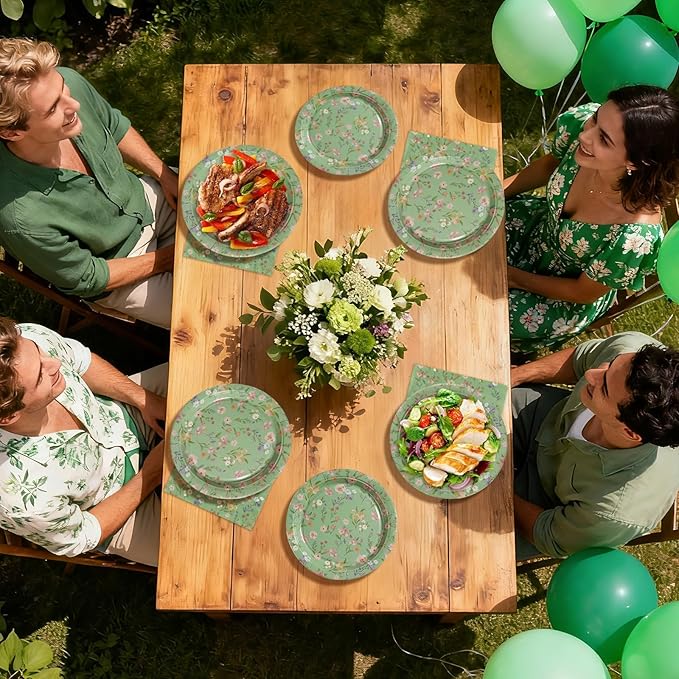 200 Pcs WildFlower Plates and Napkins Green Vintage WildFloral Party Supplies Greenery Disposable Flower Theme Tableware Set for Spring Wedding Birthday Tea Party Decorations Serves 50