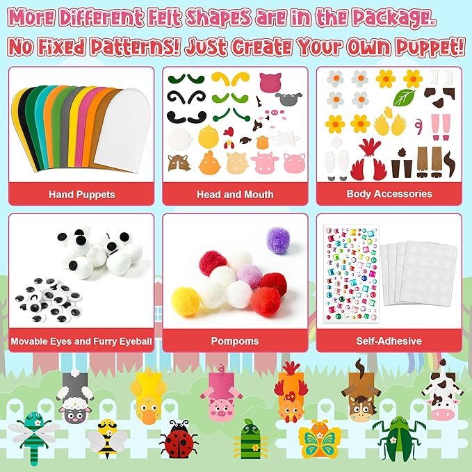 WATINC 12Pcs Hand Puppet Making Kit, Art Craft Felt Sock Puppet Toys, Creative DIY Make Your Own Pompoms Wiggle Googly Eyes Storytelling Role Play Party Supplies Gift for Girls Boys (Insect A Farm A)