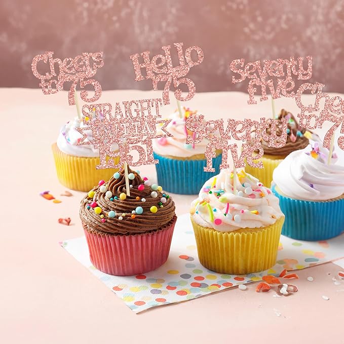 Ephlyn 24Pcs 75th Birthday Cupcake Toppers Glitter Straight Outta 1951 Cupcake Picks Hello 75 Cheers to 75 Years Cake Decorations for 75th Birthday Anniversary Party Decorations Supplies Rose Gold