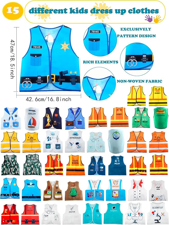 22 Pcs Kids Community Helper Dress Up Vest Occupation Costumes Career Cosplay Clothes for Kids Halloween Role Pretend Play