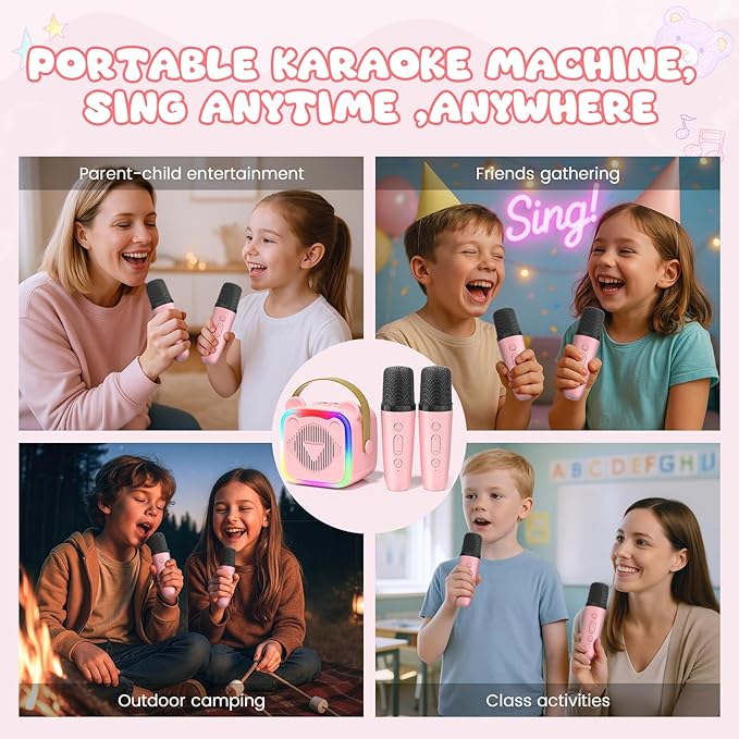 Mini Karaoke Machine for Kids,Portable Bluetooth Speaker with 2 Microphones,Music Player for Singing and Party,Ideas Birthday Toys Gifts for Girls Boys 3,4,5,6,7,8,9,10,11,12+ Years Old (Pink)