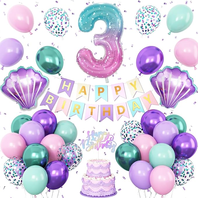Mermaid 3rd Birthday Decorations for Girls,3rd Party Decorations Metallic Purple Green Pink Blue Latex Balloons Number 3 Seashell Foil Balloons Banner Cake Topper Sea Party Decor