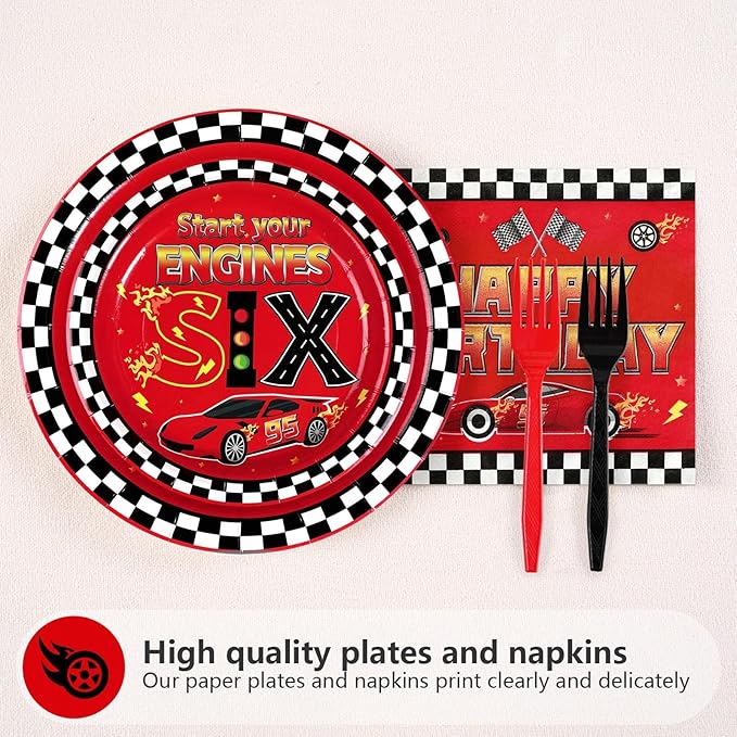 Grencian 96Pcs Race Car 6th Birthday Party Decorations Hot Car Checkered Plates and Napkins Racing Themed Disposable Tableware Set for 6 years old Boys Transportation Birthday Party Serve 24
