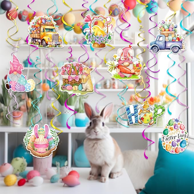 Hanging Easter Decorations Swirls 24pcs, Easter Egg Bunny Ceiling Hanging Party Streamers, Foil Easter Party Decor Supplies for Home Office School, Dangling Spinners Easter Party Ceiling Decor