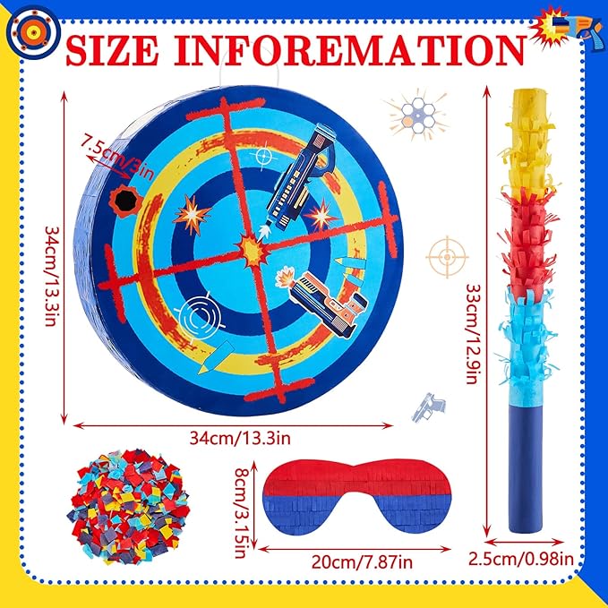 Lewtemi 13.3 Inch Shooting Targets Piñata Dart Theme Battle Piñata Set with Blindfold, Stick and Confetti Birthday Boy Decorations for Gun Birthday Parties, Kids Carnival, Holiday