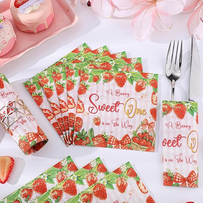 100 Pcs Strawberry Napkins, Strawberry Baby Shower Decorations Napkin Fruit Theme Disposable Cocktail Napkins for Baby Shower Birthday Party