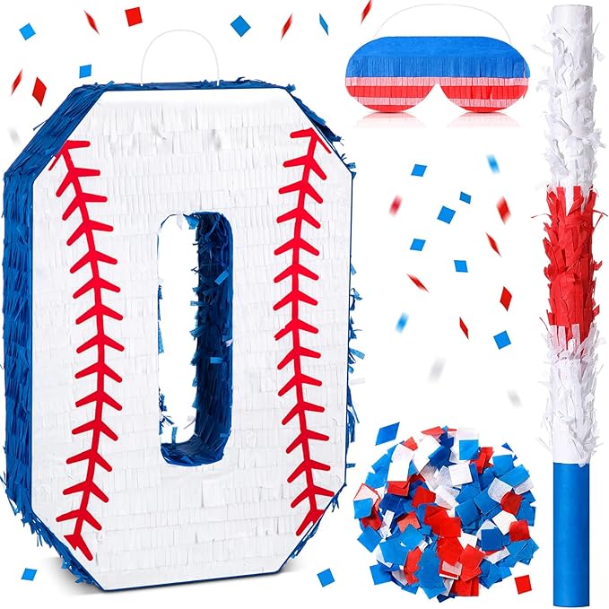 HyDren Baseball Piñata Baseball Party Decorations Number Piñata with Bat, Blindfold and Confetti, 16 Inch Sports Themed Birthday Party Supplies for Celebration Events(Number 0)