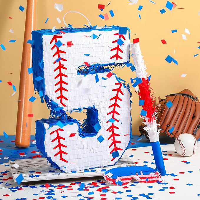 HyDren Baseball Piñata Baseball Party Decorations Number Piñata with Bat, Blindfold and Confetti, 16 Inch Sports Themed Birthday Party Supplies for Celebration Events(Number 5)