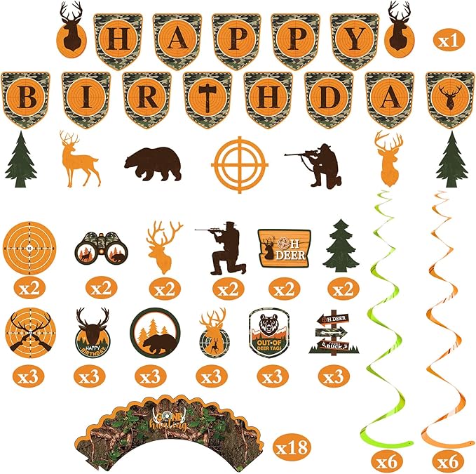 Dianelhall 62 Pcs Hunting Birthday Party Decorations Camo Deer Hunting Birthday Decorations Include Banner Camo Cupcake Toppers Swirls Deer Decoration for Baby Shower Gone Huntings Party Supplies