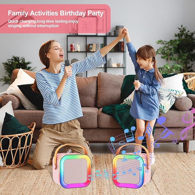 Mini Karaoke Machine for Kids & Girls with 2 Wireless Microphones, Portable Bluetooth Speaker, Christmas Birthday Gift Toy for Boys Toddlers Ages 3, 4, 5, 6, 7, 8, 9, 10, 11, 12+ Years Old (Pink - 2)