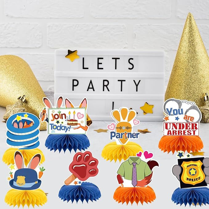 8Pcs Rabbits Fox Birthday Party Supplies for Zoo topia, Crazy Zoo Honeycomb Centerpieces Zoo Police Theme 3D Table Decorations