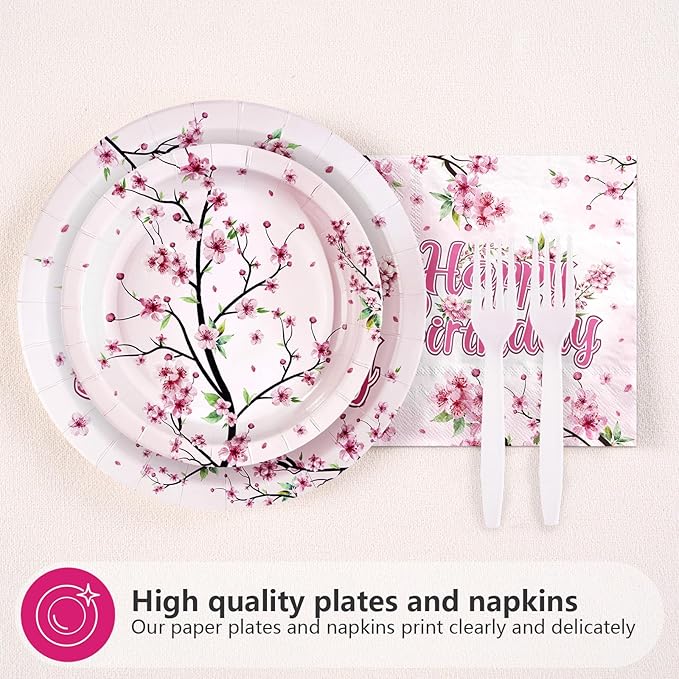 96 Pcs Cherry Blossom Birthday Party Decorations Disposable Japanese Sakura Themed Party Paper Plates and Napkins Pink Flowers Tableware Set for Birthday Baby Shower Wedding Bridal Supplies